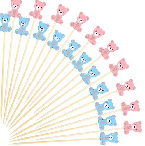 Gleevio Bär Cocktailspieße Babyparty,100 Stück Spieße Fingerfood,Bär Cocktail Sticks Holzspieße Gender Reveal Party Cocktail Deko 13cm,Zahnstocher Holz Käsespieße Obstspieße Partyspieße Burger Spieße