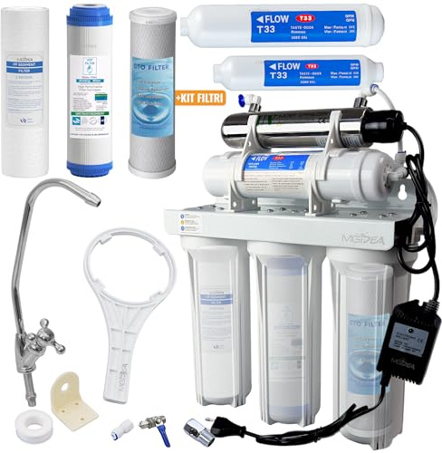 DEPURATORE ACQUA SOTTO LAVELLO 6 STADI CON LAMPADA UV-C SPILLATORE DEDICATO FILTRO CARBONI ATTIVI POST FILTRO RUBINETTO UNIVERSALE CUCINA CASA (KIT COMPLETO + SET CARTUCCE AGGIUNTIVO)