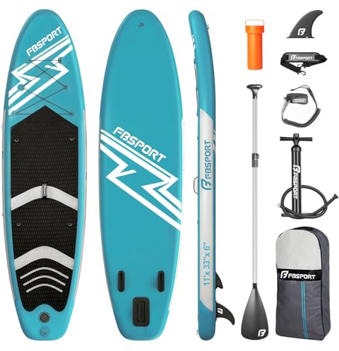 FBSPORT Aufblasbares SUP Board, Stand Up Paddling Board, Aufblasbare Stand Up Paddle Board für Stand-Up Paddling 15CM Dick, Surfbrett Kit mit Verstellbares Aluminium SUP Paddel+Pumpe(Lakeblue)