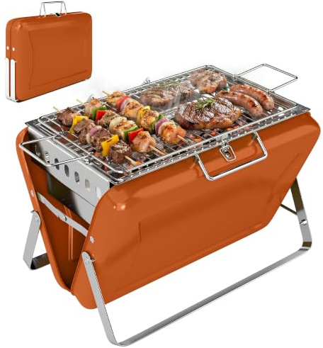 Outsunny Portable BBQ Grill Folding Charcoal Barbecue Grill Orange | With Handle, Foldable Legs, for Camping, Garden, Outdoor Cooking