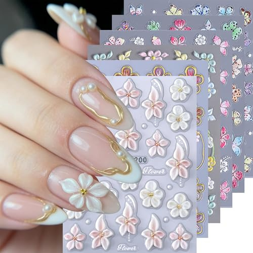 Blumen Nagelsticker, 6Pcs, 5D geprägte Hibiskus Nagelsticker, selbstklebend, weiß rosa, hawaiianische Blumenblüten, Sommer und Frühlingsblumen, Nagelkunst Dekoration, DIY Zubehör