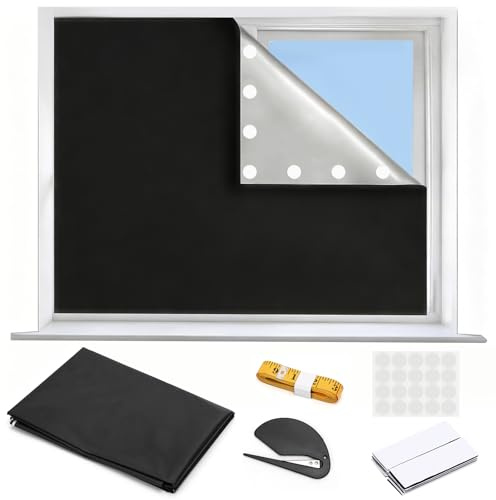 Blackout Blinds Stick On 300x145CM - Portable 100% Blackout Curtain for Window, Temporary No Drill Cut to Size Window Cover, Scissors for Bedroom Nursery Travel and RV