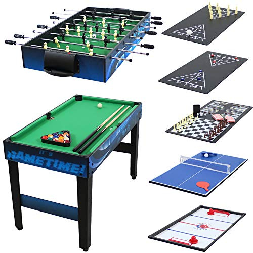 Sunnydaze 10-in-1 Game Table - Combination Multi-Game Table with Billiards, Push Hockey, Foosball, Ping Pong, Chess, Checkers, Backgammon, Bowling, Shuffleboard, Card Games - Game Time Blue