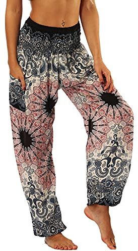 Nuofengkudu harembyxor, hippiebyxor för kvinnor, säckiga, bohemiska, mönstrade, hög midja, smockad midja, tunna med fickor, loungebyxor för yoga, sommar, strand, Grå blomma, en storlek