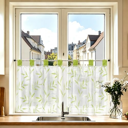 Joyswahl Scheibengardine Voile Bistrogardine Schlaufen Celilie 30x90 Grün | Transparente Gardine Stores, 1er Pack, Kurzgardinen, Küchengardinen modern, Fenstergardinen landhaus, mit Blätter Muster
