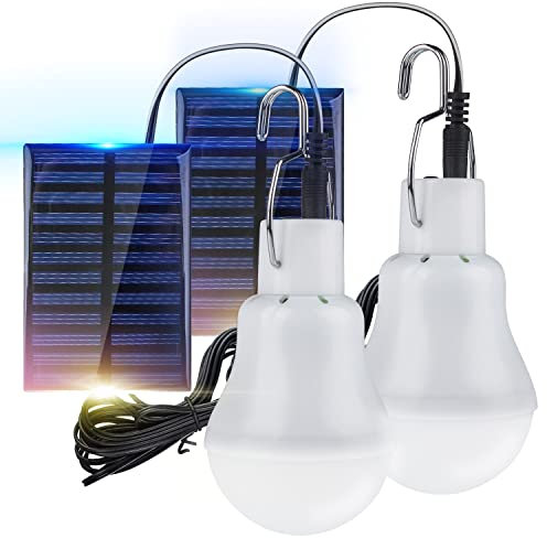 2 Pack Solar Powered Led Shed Light Bulb, TechKen Portable Lantern Lamp with Panel for Indoor Outdoor Kitchen Garden Patio Yard Hiking Camping Tent Fishing (UK1)