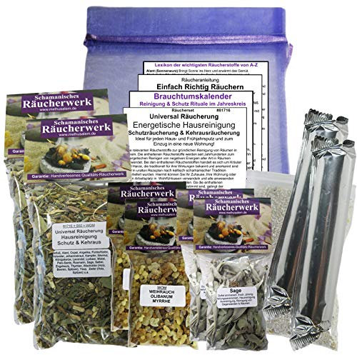 ENERGETISCHE HAUSREINIGUNG + SCHUTZRÄUCHERUNG + KEHRAUSRÄUCHERUNG. 14-TLG Universal Räucherset. 6 x Räucherwerk mit Salbei Sage Weihrauch Olibanum Myrrhe UVM. 8 x ZUBEHÖR, Räucherkohle. 81716-X4