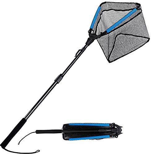 PLUSINNO Fishing Net Fish Floating Landing Net, Kayak Nets with Fixed Foldable Telescopic Pole Handle, Bass Trout Fishing Nets with Nylon Mesh for Pond Lake River,Fishing Gear Gifts for Men,Blue 1.5
