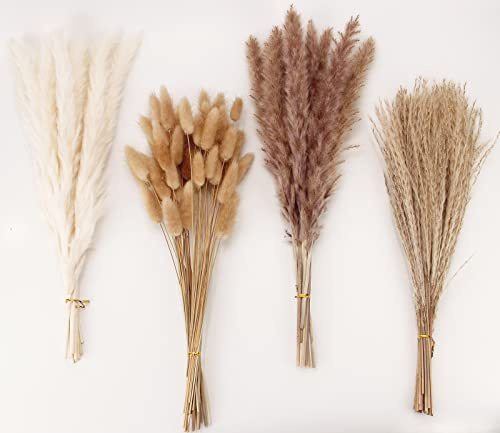 Dried Pampas Grass Decor, 100 Stems Pampas Grass Contains Bunny Tails Dried Flowers, Reed Grass Bouquet for Wedding Boho Flowers Home Table Decor, Rustic Farmhouse Party (17, White and Brown)