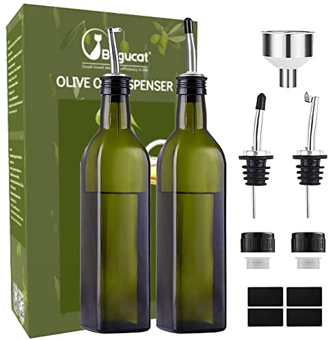 Bugucat Olivoljeflaska, grön olivolja dispenser i glas, olivolja och vinägerflaska med droppfri hällpip, oljeflaskdispenser, för BBQ kök, 500 ml set med 2