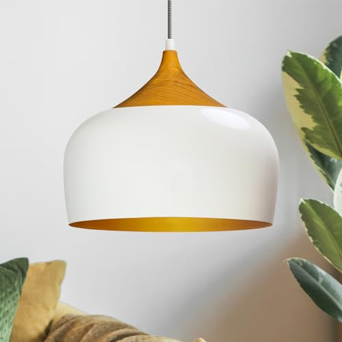 bamyum Suspension Luminaire Moderne en Bois et Metal, Lustre Salon Ronde de 30 cm, Lustre Cuisine E27 en Métal, Plafonnier, Lampe pour Chambre, Salle à Manger, Couloir, Blanc