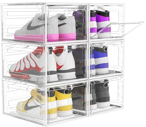 ARSTPEOE Shoe Storage Box, 6 Clear Plastic Stackable Shoe Organiser - Foldable Sneaker Display Case with Magnetic Door (White)