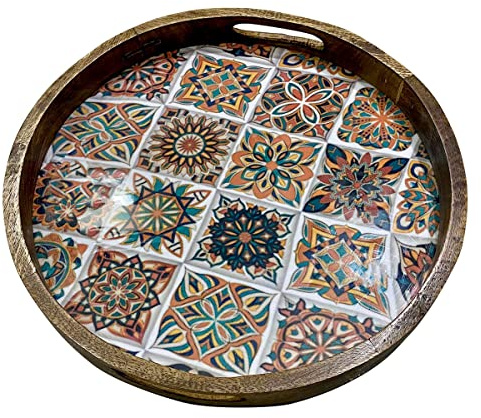 ROCKING GIFTS Bandeja de Servir Redonda de Madera Mandala con Asas 35 cm