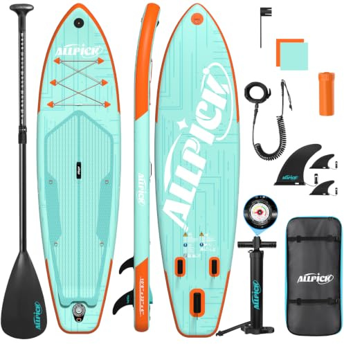 ALLPICK Premium SUP Board Set, Stand Up Paddling Board Aufblasbar, Mit Universal Kamerahalterung, Komplettes Zubehör, Verstellbares Paddel, Anfänger, Fortgeschrittene, 180kg (Frisch - Türkis)