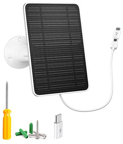 Panneau solaire pour caméra de sécurité, panneau solaire USB 5 W pour caméra de sécurité DC 5 V, panneau solaire avec port micro USB et USB-C, chargeur solaire étanche IP65 pour caméra, montage