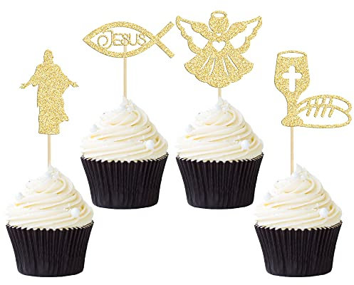 Gyufise 24 Pack Jesus Cupcake Toppers Gold Glitter Fish Bread Last Dinner Cupcake Picks Baptism Cross Cupcake Toppers Christian Religious Theme Party Baby Shower Birthday Cake Supplies
