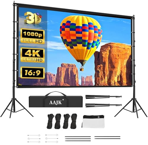 AAJK 150in Outdoor Projector Screen with Stand, Portable 16:9 4K HD Indoor Outdoor Projection Screen with Wrinkle-Free Design, Ideal for Home Theater and Backyard Cinema – Includes Carry Bag