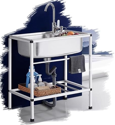 HCZION 60cm Freistehend Waschbecken Edelstahl Küchenspüle Spülbecken Spüle Edelstahl Gastrospüle Abwaschbecken Zubehör 1 Becken Gastro Spüle (Color : Cold+Hot, Size : 58x43cm/22.8x17in)