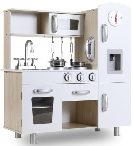 MAMIZO Kinderküche Holz, Spielzeugküche für Kinder, 81x74x30 cm Spielküche, Kommt mit Simulierten Licht- und Soundeffekten, Puppenküche mit Küchenzubehör, ideal für Kinder ab 3 Jahren, Weiße