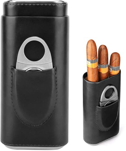 Aoreun Zigarrenetui für 3 Zigarren, Leder Zigarren Etuis mit Zigarrenschneider aus Edelstahl, Leder Zigarrenetui, Zigarren Humidore, Tragbarer Humidor Zigarren für Reise Kurztrips (Schwarz)