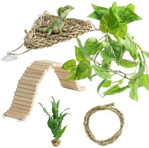 Navaris Accessori Terrario - Amaca Rettili - Prodotti per Animali - per Drago Barbuto Geco Leopardino Iguana Camaleonte - con Corda Albero Finto Tralcio di Vite e Rampa di Legno