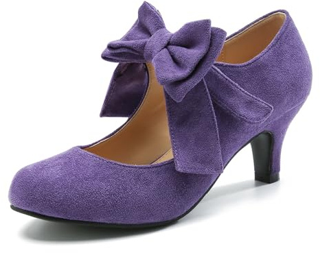 omthaka Women's Bow Mary Jane Kitten Heel Round Toe Low Heels Ankle Strap Dress Evening Party Pumps, Purple, 5.5 UK
