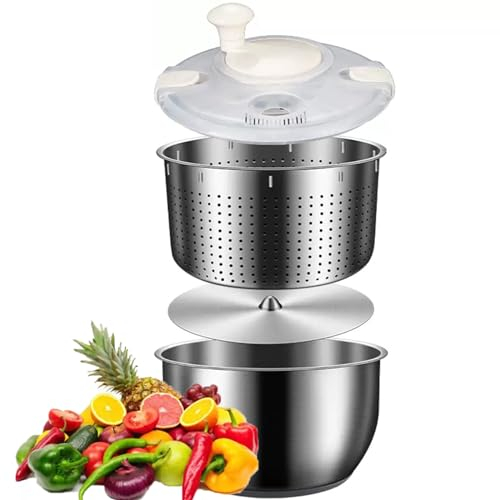 Swift Dry Salad Spinner, Fruit Vegetable Dehydrator, Stainless Steel Vegetable Washer, with 6L Bowl, PP Lid, for Drain Leafy Vegetables, Fruit and Vegetable Storage