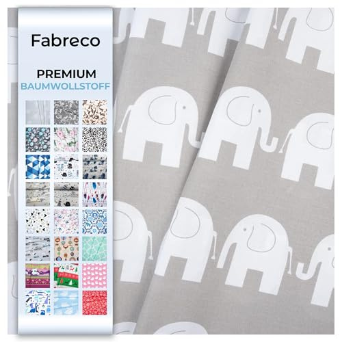 Fabreco - 100% Premium Baumwollstoff Meterware 50x160cm - Elefanten grau | 220 g/lfm – Weich, langlebig & hautfreundlich | Stoffe Zum Nähen & Dekoration | Stoff Meterware - Fabric