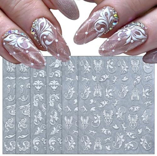 GZMAYUEN French Nail Art Aufkleber Nagel Sticker, 6Pcs 5D Geprägte French Muster Rosen Weiß Selbstklebend Nageldesign Sticker Klassische Acrylnägel Design