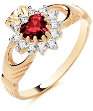Old English Jewellers 9ct Yellow Gold on Silver Ruby & CZ Irish Claddagh Ring Love Loyaly & Freindship size J to U