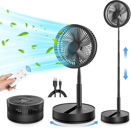 LIPETY Tragbarer Faltbarer Oszillierender Klein Ventilator, 9 7200 mAh Akku Aufladbar USB C Tischventilator mit Fernbedienung, Mini Leise Standventilator für Hause Schlafzimmer Reisen Camp