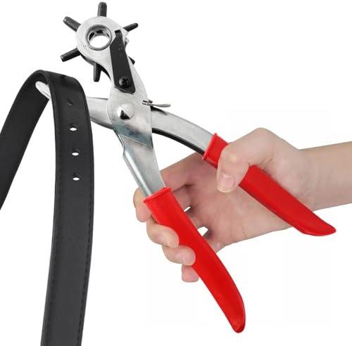 Leather Hole Punch Belts Super Heavy Duty Rotary Puncher, 6 Hole Sizes Maker Tool Watch Bands, Straps, Dog Collars, Saddles, Shoes, Fabrics, DIY Home or Craft Projects (Red)