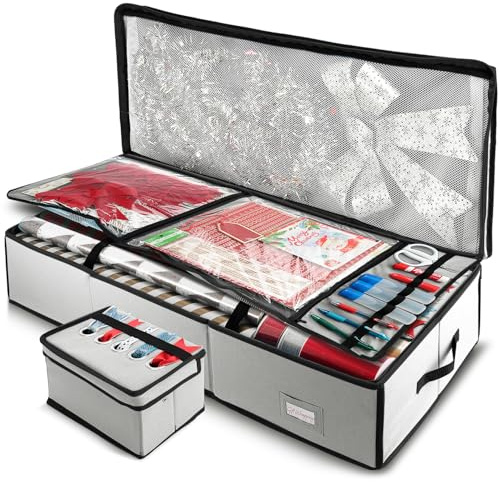 Hearth & Harbor Geschenkpapier-Aufbewahrungsbehälter, Weihnachts-Aufbewahrungstasche mit Bandspender und Innentaschen, für Geschenkpapier-Organizer, passend für bis zu 26 Rollen à 101,6 cm Länge