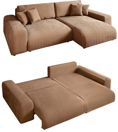 Modernes Cord Ecksofa B255/H165/T84 cm mit Schlaffunktion und Bettkasten, Wellenunterfederung, L-Couch links oder rechts montierbar, Liegefläche 148x196 cm, Cord-Bezug in Hell-Braun / 21002