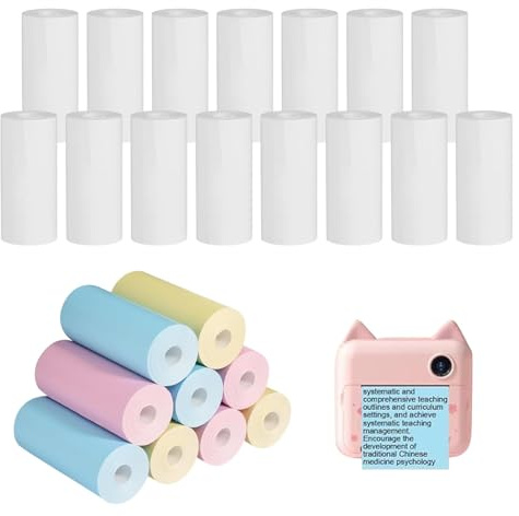 24 Rollen Thermopapier für Kinderkamera, 15 Rollen Weiß 9 Rollen Bunt Druckpapier Thermopapier, 57 x 25mm Thermodrucker Papier Bonrollen Kassenrollen für Journal Fototexte Studiennotizen und mehr