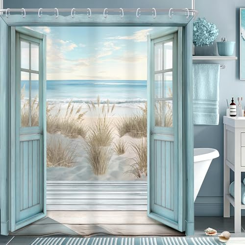 Riyidecor Extra langer blauer Strand-Scheunentür-Duschvorhang, Ozean, Küste, Meer, rustikale Landschaft, Bauernhaus, Holzplanke, 183 x 190 cm, Retro, Westernstoff, Dekoration, Badezimmer, Polyester