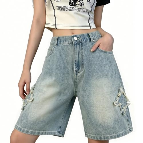 DINGJIUYAN Denim Shorts for Women Summer Elasticated Waist Short Jeans Star Patchwork High Waist Loose Shorts