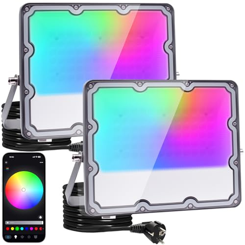 OUSIDE Projecteur LED RGB Extérieur 50W (Lot de 2), Contrôle par App Bluetooth, 16 Millions de Couleurs, 12 Modes Musicaux, 44 Modes Dynamiques, IP66 Étanche, Fonction Minuterie, pour Fête,Halloween