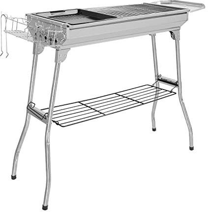 Portable Stainless Steel BBQ Charcoal Grill - Large Multi-Surface Barbecue with 2 Grilling Nets & Baking Tray - Outdoor & Home Cooking Grill for Camping, Picnics & Garden - Silver