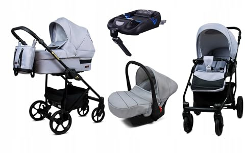 BabyLux® Kinderwagen Set 4 in 1 - Trailux - Silver - incl. Babywanne, Buggy Sportsitz, Auto-Babyschale, Basisstation - Autositz - Kinderwagenset - Kombikinderwagen mit Wickeltasche usw.