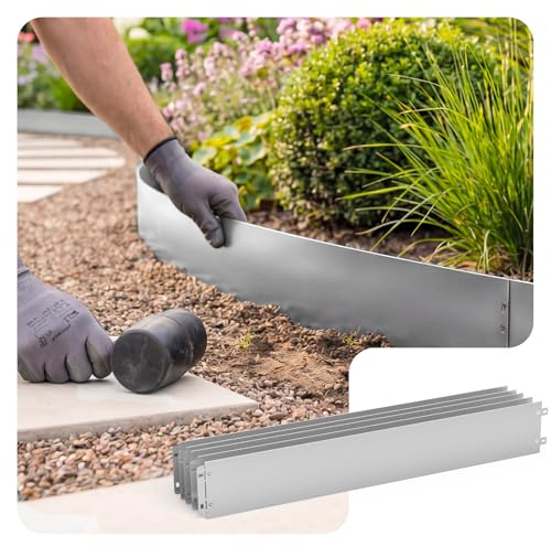 VOUNOT® Bordure de Jardin Gazon en Métal Galvanisé 20M Bordure de Séparation Résistante Clôture Flexible de Pelouse Epaisseur 0.7mm 100x13cm Lot de 20pcs pour Jardin Plantes Potager