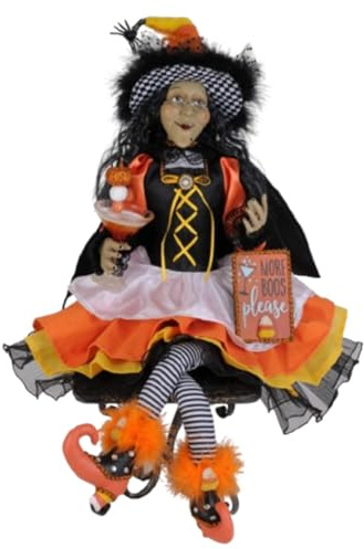 Karen Didion Boos and Candy Witch Halloween Figurine 26 Inch Candy Corn Skirt Fun Witch Decor with Martini Glass Striped Stockings and Cheeky Sign