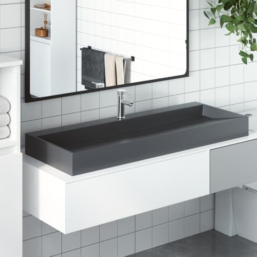 Lavabo Moderno 120 cm, Piano in Ghisa Minerale/Marmo Antracite, Design Sottile 11 cm, con Fori per Rubinetto e Scarico, Per Bagno Contemporaneo, 120 x 46 x 11 cm