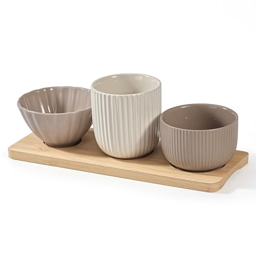 Murago - Servierset mit Bambustablett & 3 Keramikschalen - Dip-Schalen Set für Snacks Tapas Oliven Nüsse modernes Rillendesign Naturtöne Spülmaschinengeeignet Taupe Cream Beige
