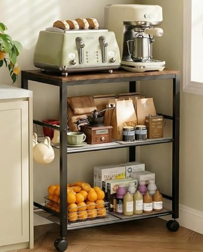 Tujurich Kitchen Rolling Cart, Microwave Stand with Lockable Wheels, 3-Tier Mobile Utility Cart, Multifunctional Organizer Table Island for Kitchen, Office, Coffee Bar, Balcony, 23.6 x 15.7 x 27.6