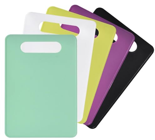 5 Pieces Plastic Chopping Boards, 29x19cm Anti-Slip Mini Coloured Chopping Boards Set, Gripped Back and Dishwasher Safe, BPA-Free Kitchen Cutting Boards Set for Fish, Vegetables, Fruit, Meat, Bread