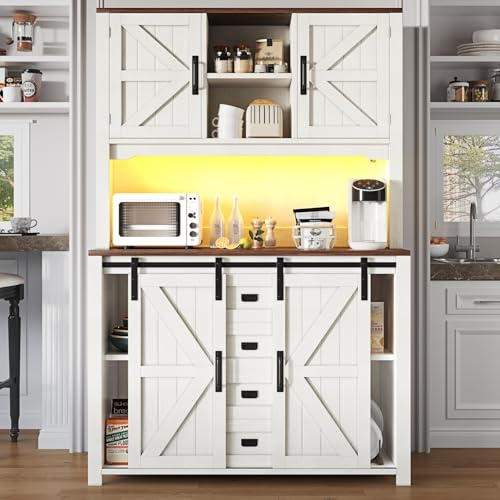 HUIVEYA Armoires de Cuisine : 115 × 40 × 174,7 cm, éléments Hauts, Buffet avec Portes coulissantes et éclairage (White)