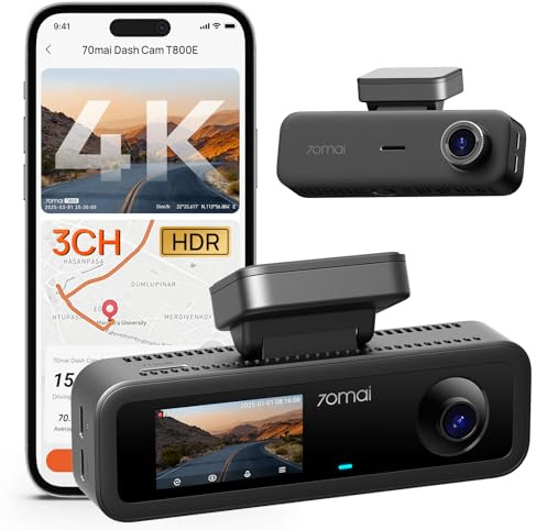 70mai T800E 4K 3 Channel Dash Cam, 4K+1080P+1080P Front and Rear Inside Triple Car Camera with Voice Control, HDR, IR Night Vision, Parking Mode, F1.55, GPS, Supercapacitor(Excluding microSD)