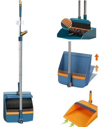 Long Handled Dustpan And Brush Sets, Long Handle Foldable Sweeper Set,Windproof Vertical Extension Pole, Swivelling Broom Set, for Cleaning Indoor, Garden, Home, Kitchen or Office Floors (Blue)