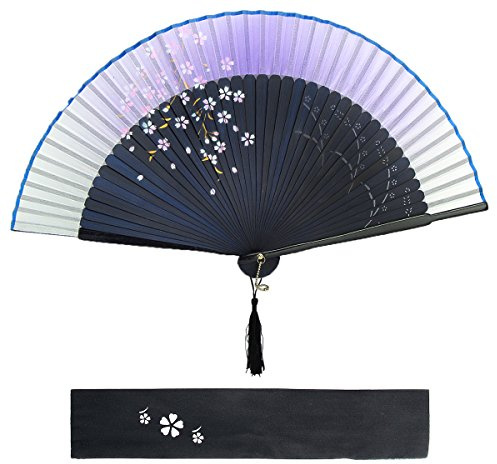 FSR00MZ Éventail pliant japonais fleur de cerisier en lin et bambou Violet | Mini éventail pratique avec pompon pour femmes, hommes, enfants, pour mariage, théâtre, fête, décoration de Noël, été